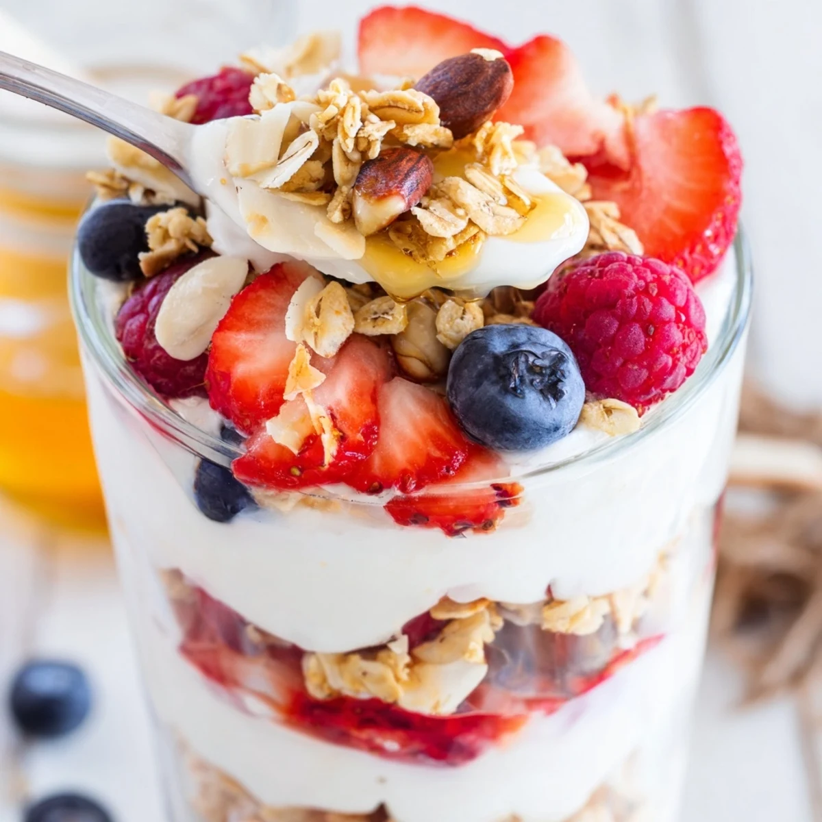 Creamy Greek yogurt parfait layered with fresh berries and crunchy granola in a glass