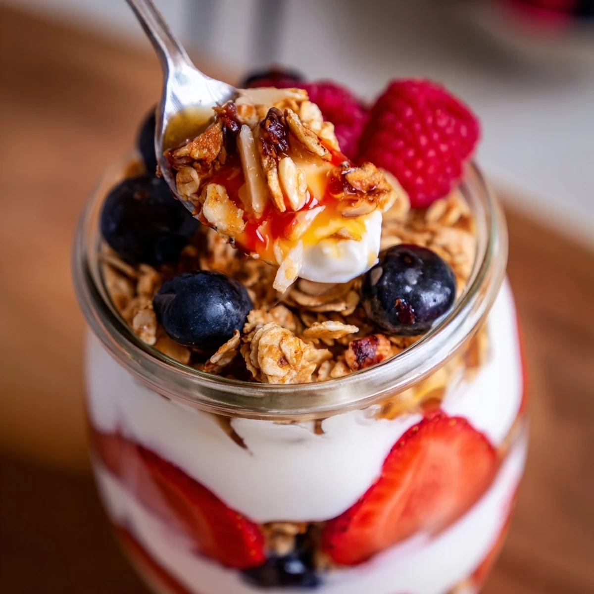 Greek yogurt parfait topped with vibrant mixed berries and honey drizzle