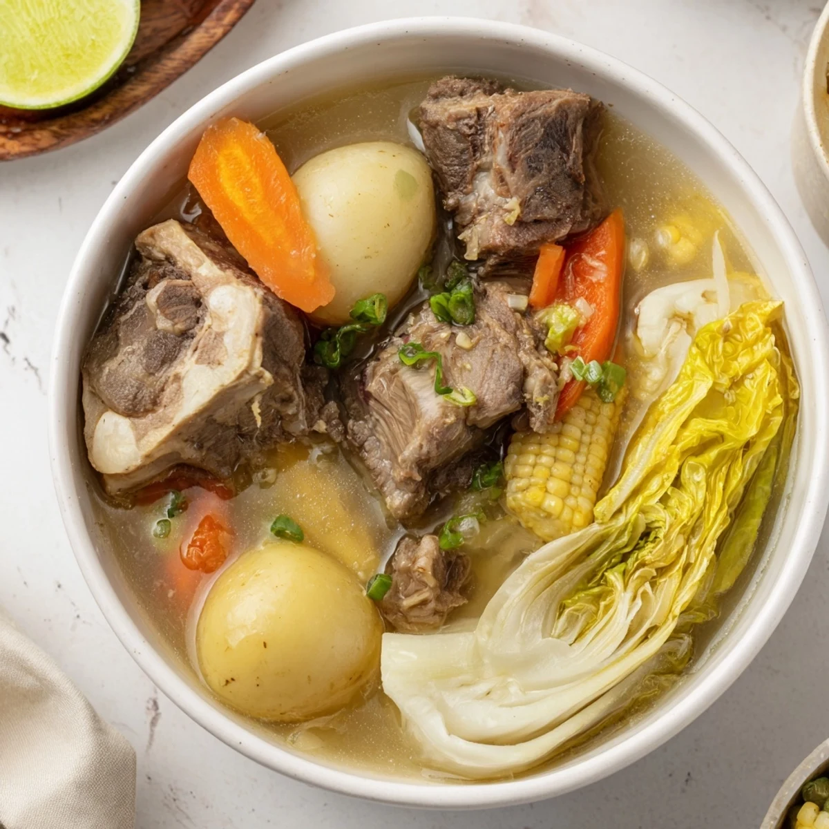 Steaming bowl of Filipino Bulalo featuring tender beef shank and vegetables in golden broth