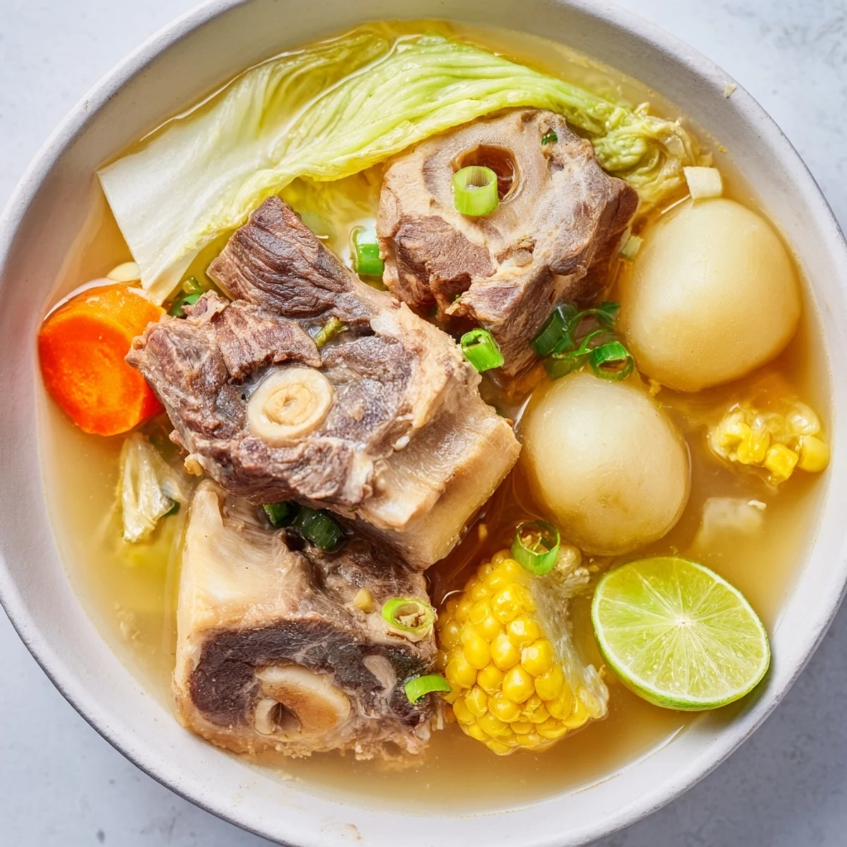 Filipino Bulalo beef shank soup with corn, cabbage, and rich bone marrow