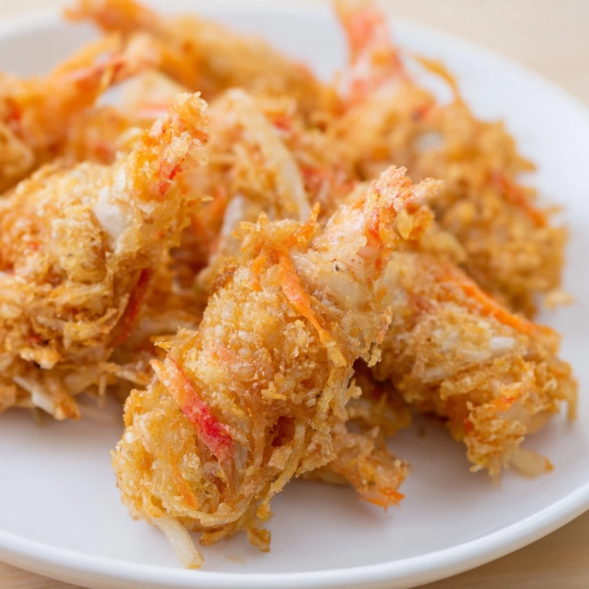 Golden crispy Ukoy Filipino shrimp fritters with visible shrimp and vegetables on a white plate