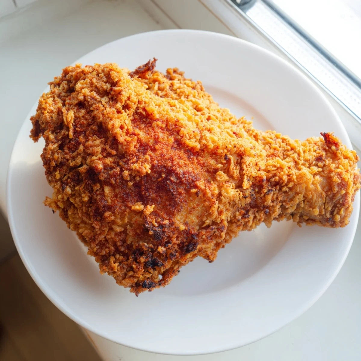 Crispy fried chicken served on a rustic plate with herbs and lemon wedges