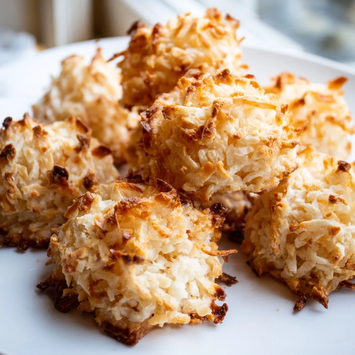 Golden Chewy Coconut Macaroons with crispy edges and soft centers arranged on parchment paper.