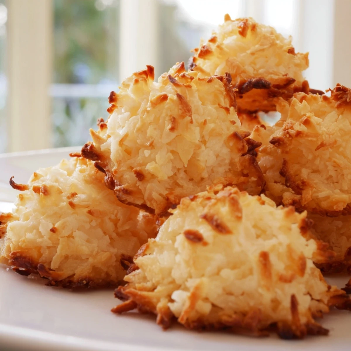 Chewy Coconut Macaroons fresh from the oven with toasted golden brown exteriors and fluffy texture.