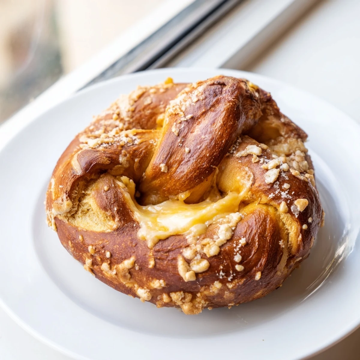 Golden mozzarella stuffed soft pretzels with coarse salt sprinkled on top served warm