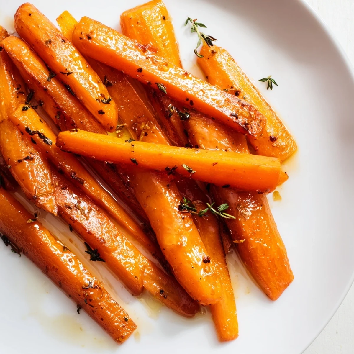 Glossy honey roasted carrots with caramelized edges scattered with fresh green thyme leaves on a white serving platter