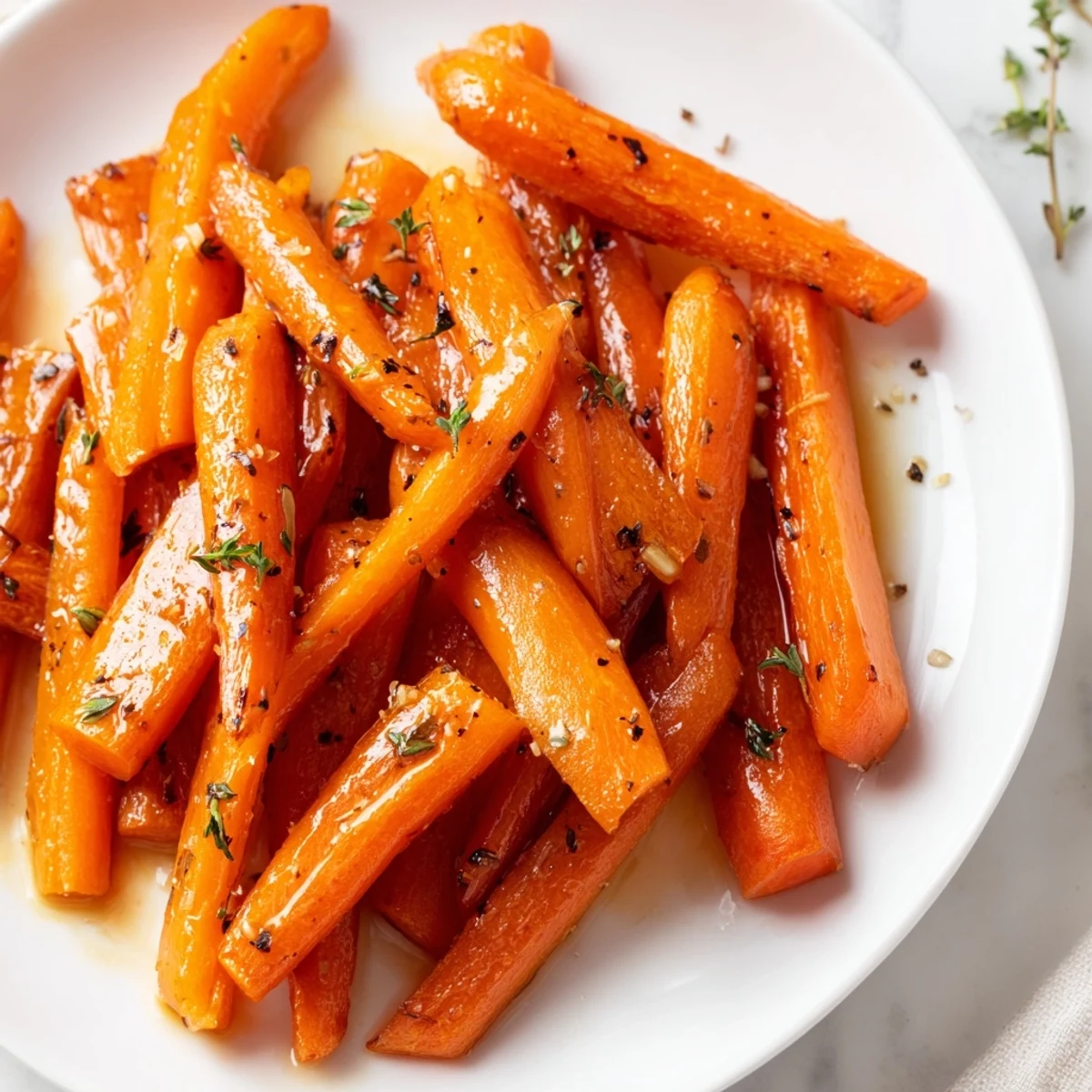 Golden honey roasted carrots glistening with sweet glaze arranged on a rustic wooden cutting board surface