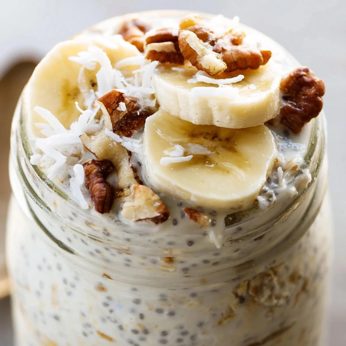 Creamy coconut cream pie overnight oats topped with toasted coconut flakes in a glass jar