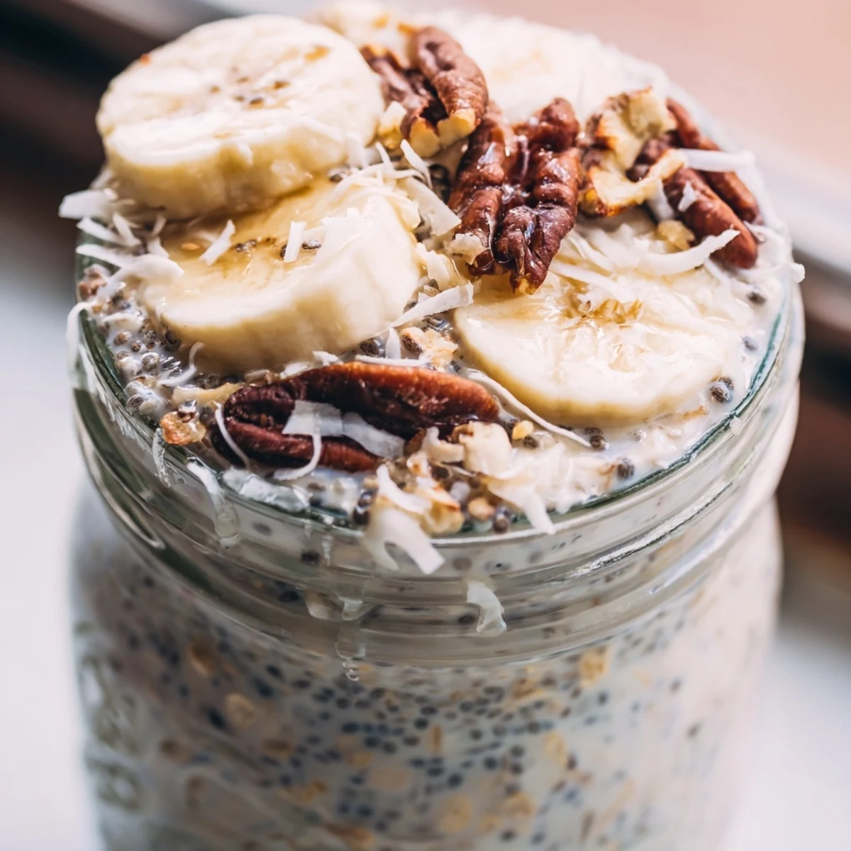 Coconut cream pie overnight oats served cold with crunchy pecans and fresh banana slices