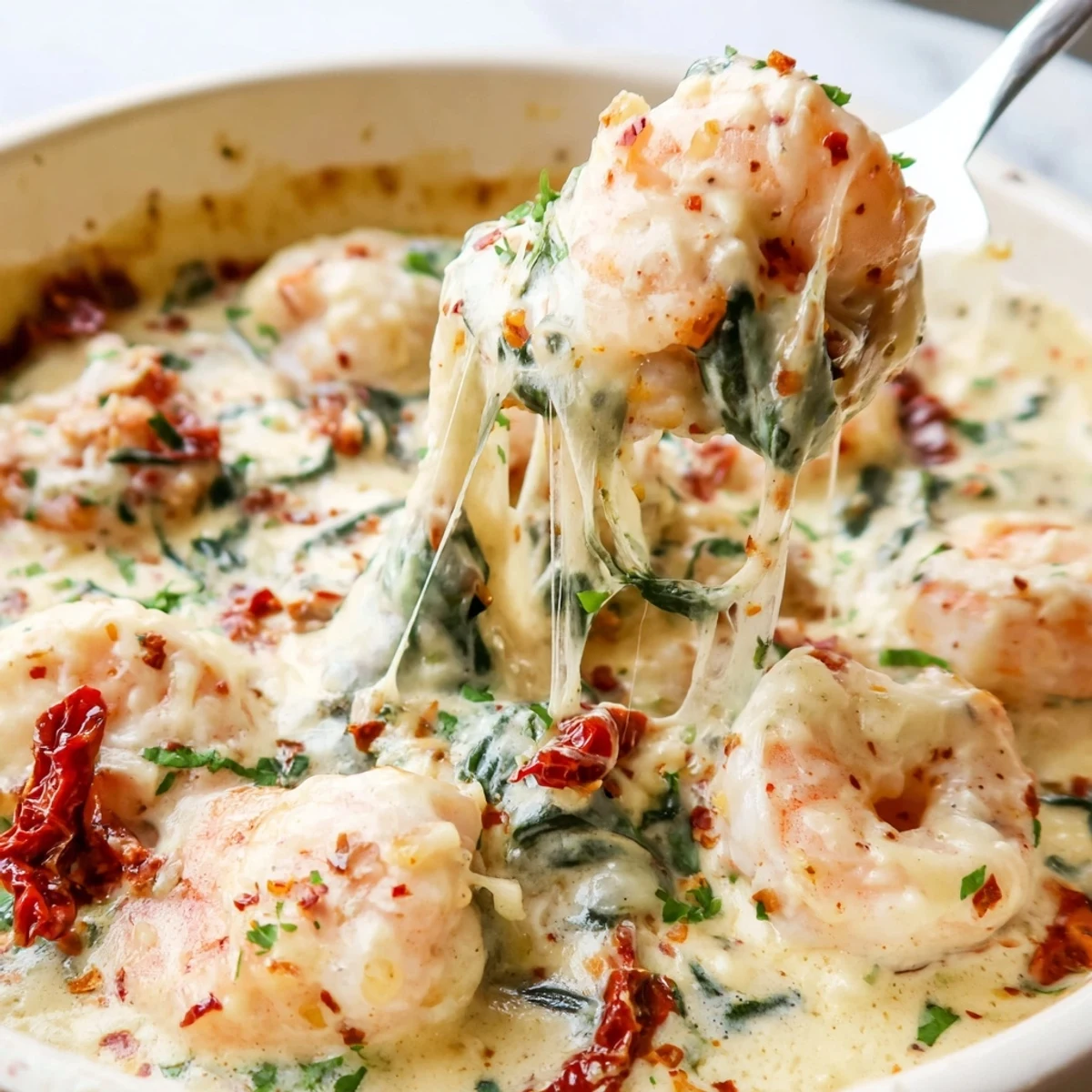 Creamy Low Carb Shrimp Tuscan Bake with golden melted mozzarella in rustic white baking dish