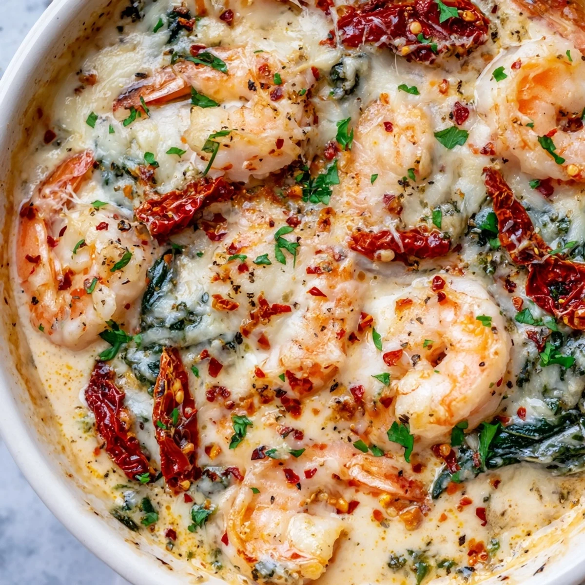 Golden bubbly Low Carb Shrimp Tuscan Bake with sun-dried tomatoes and fresh spinach