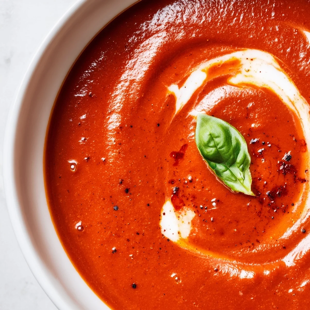 Creamy fire roasted tomato soup in a white bowl with fresh basil garnish