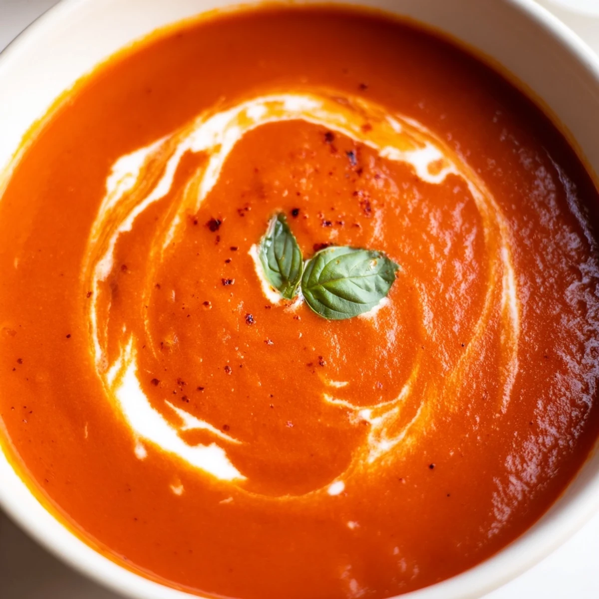 Smoky fire roasted tomato soup ladled into bowls alongside crusty grilled bread