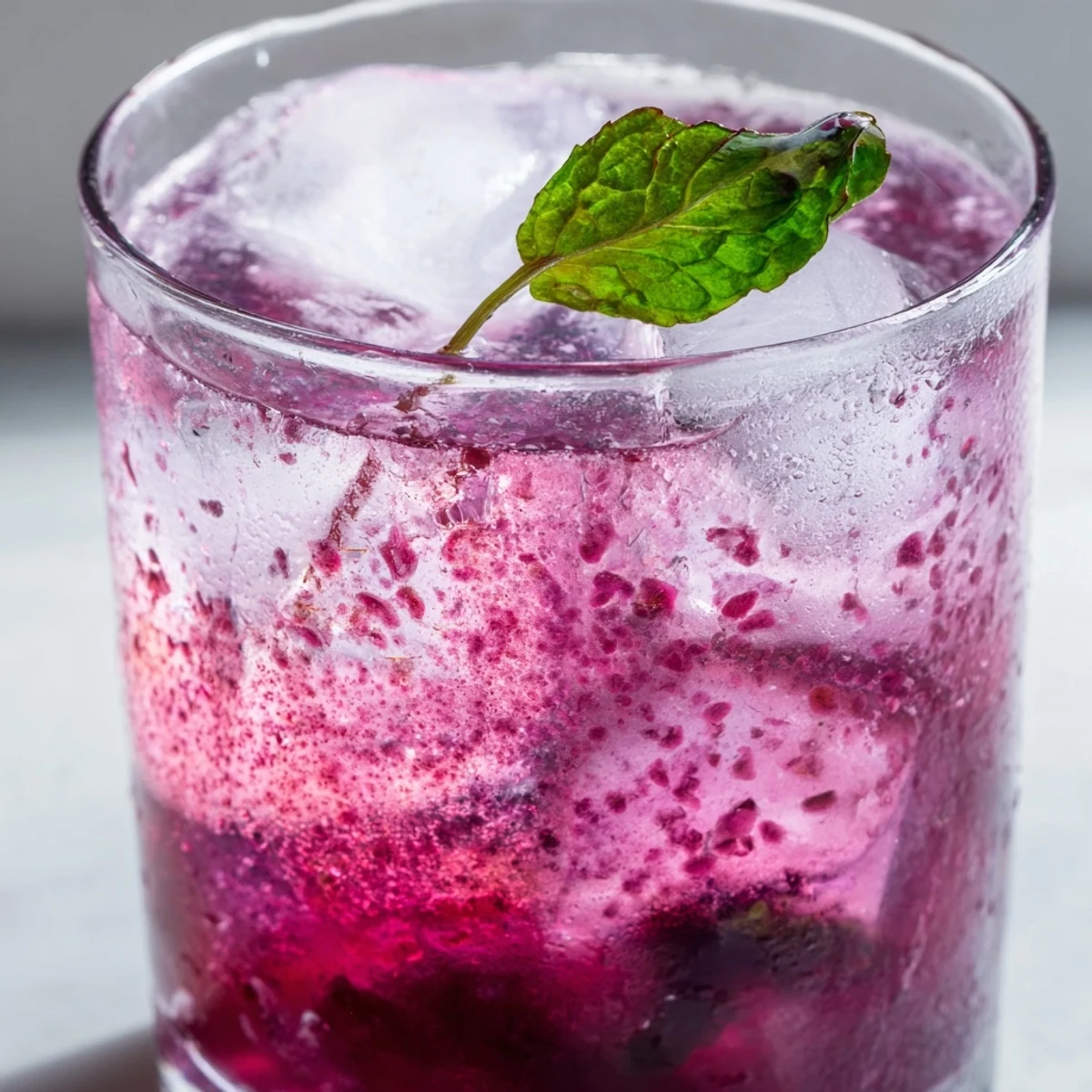 Grape Agua Fresca poured over ice in a tall glass with fresh mint garnish