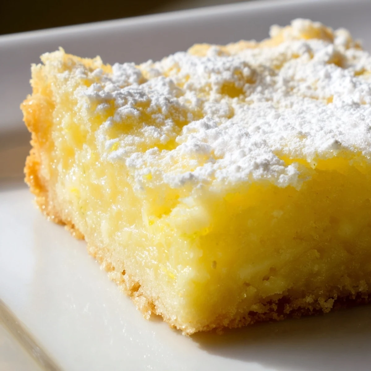 Golden Lemon Gooey Butter Cake squares dusted with powdered sugar on a white ceramic plate