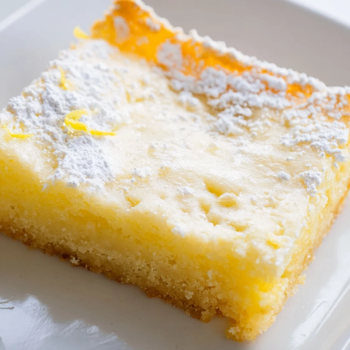 Creamy Lemon Gooey Butter Cake with bright yellow filling oozing from a buttery crust