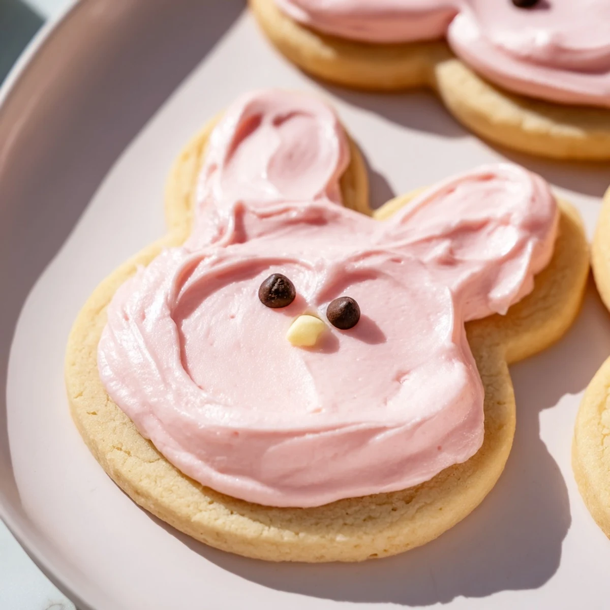 Adorable buttercream bunny cookies with swirled pastel frosting on a rustic white serving board