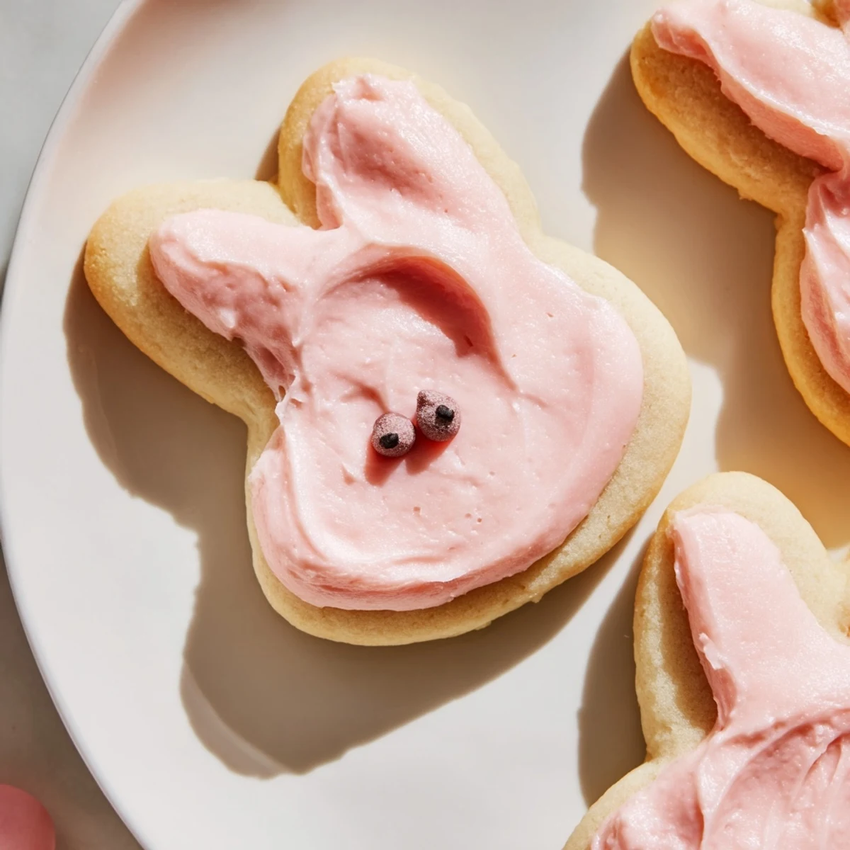 Golden bunny-shaped sugar cookies topped with fluffy buttercream frosting and candy eyes