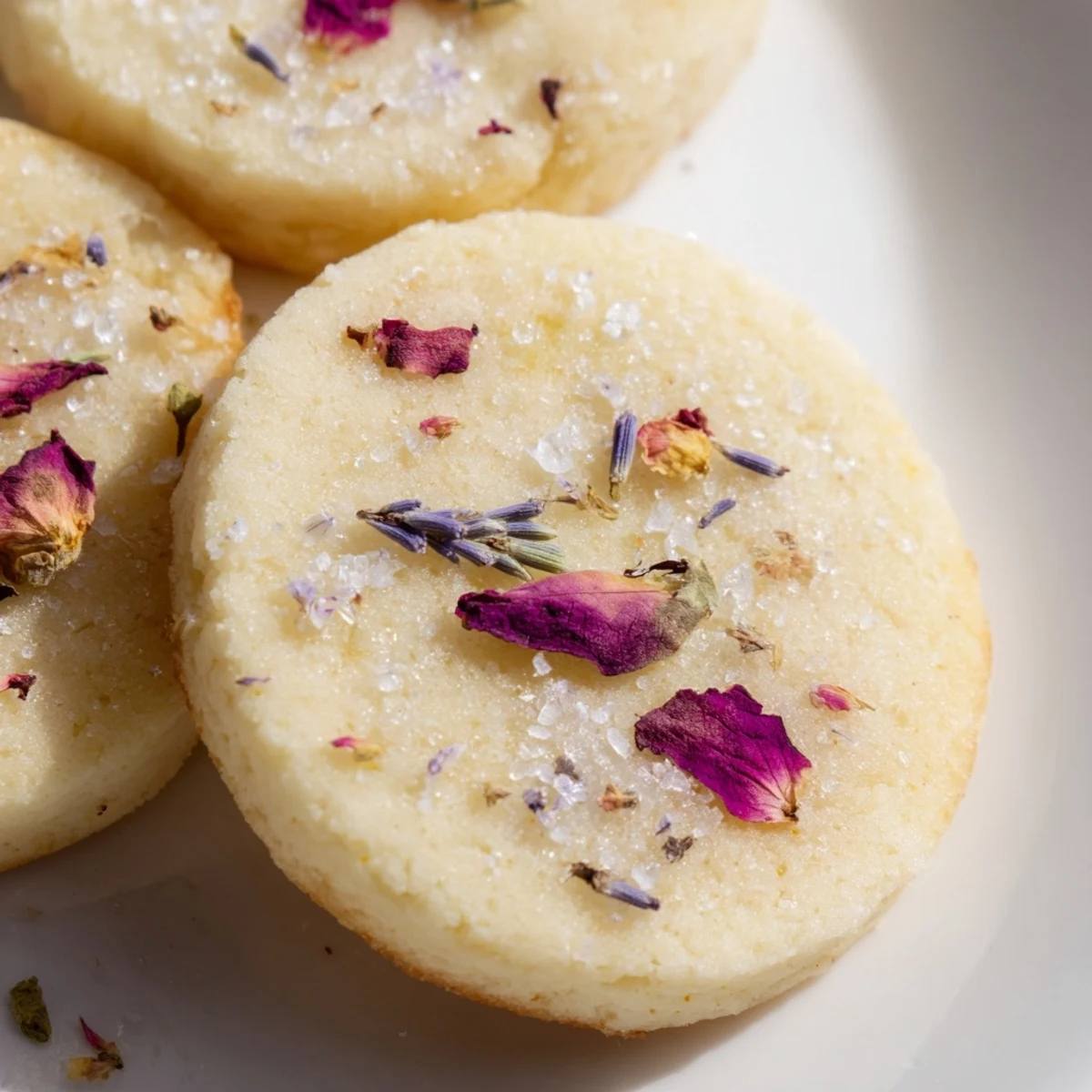 Golden Spring Blossom Cookies topped with colorful edible flowers on a rustic ceramic plate