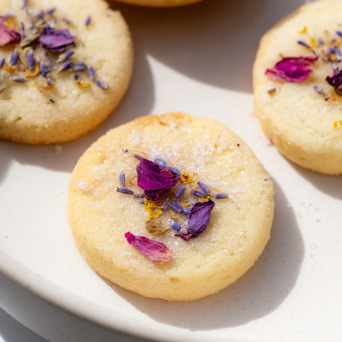 Soft buttery Spring Blossom Cookies scattered with dried violet petals and sparkling sugar crystals
