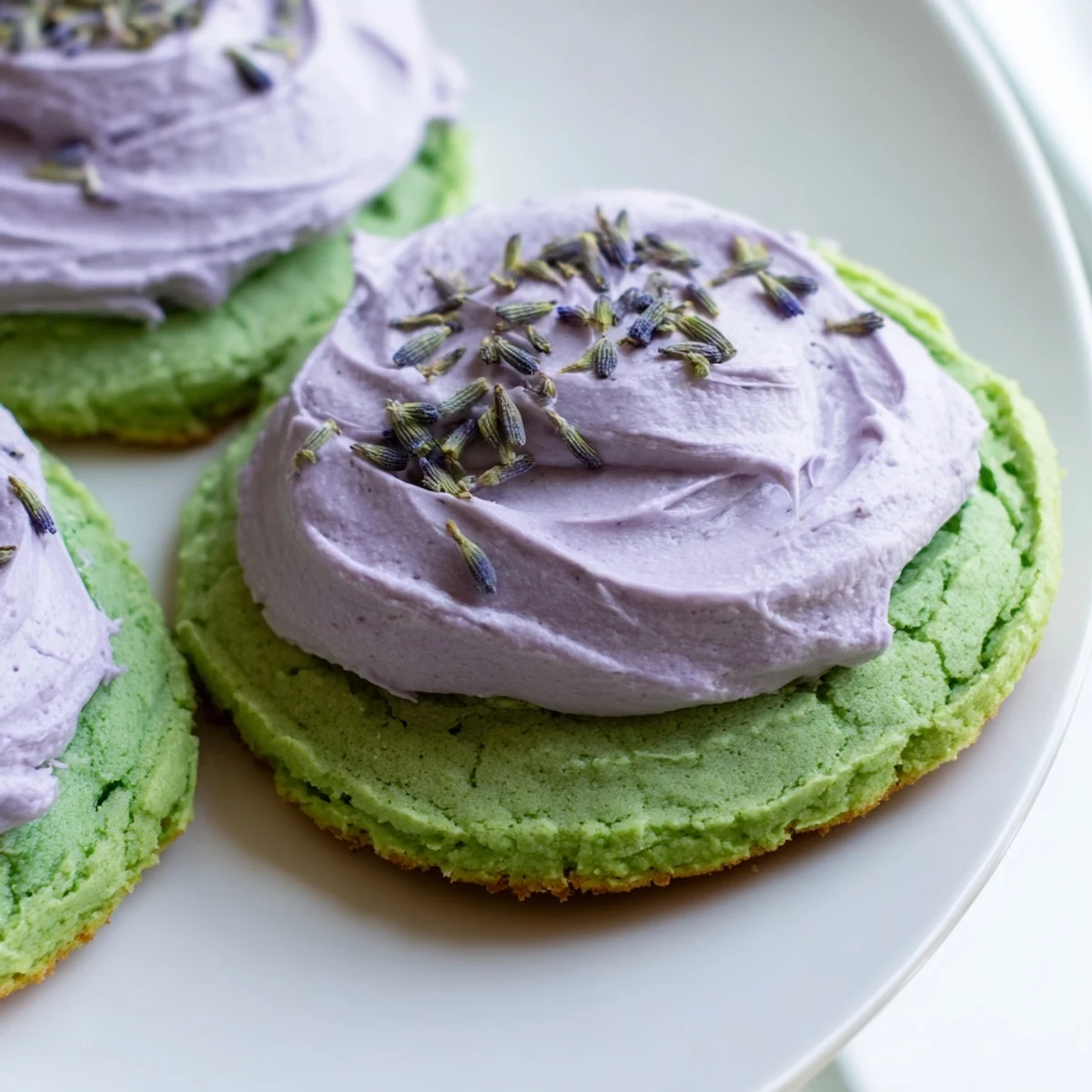 Soft green matcha sugar cookies with swirls of lavender frosting on a rustic wooden board
