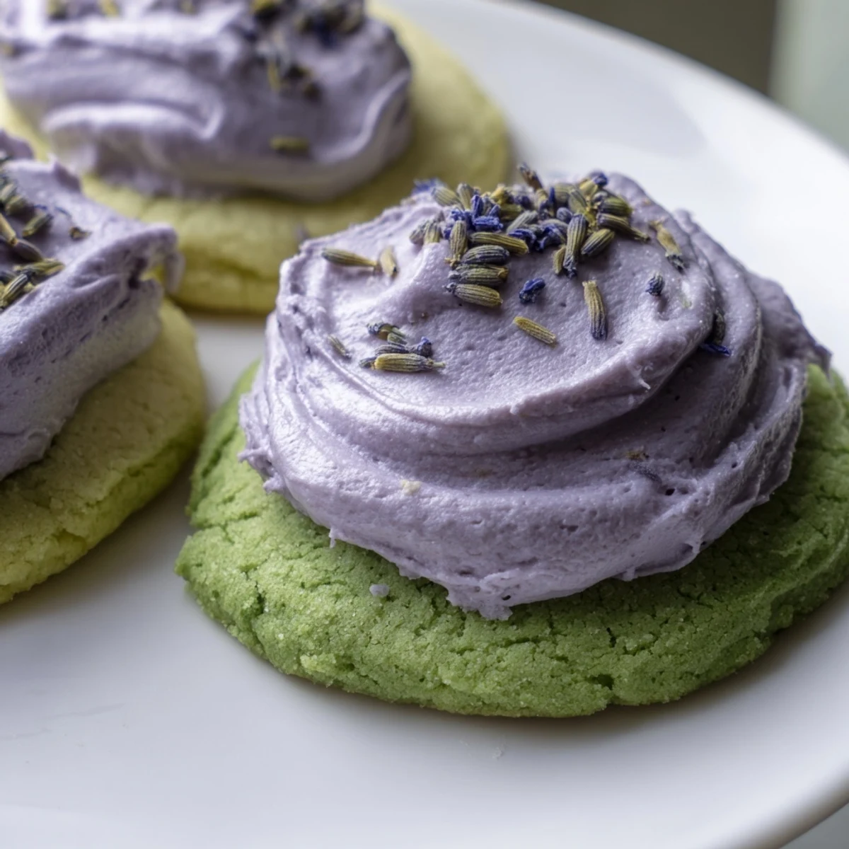 Delicate matcha sugar cookies topped with creamy purple lavender buttercream and scattered lavender buds