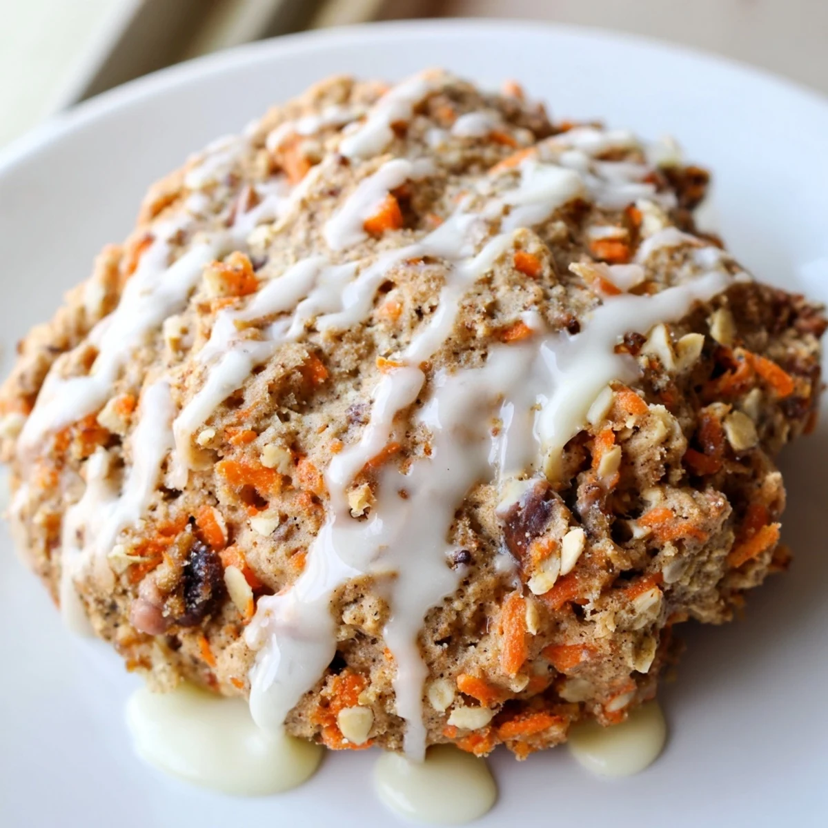 Soft carrot cake cookies with sweet cream cheese drizzle on rustic wooden board