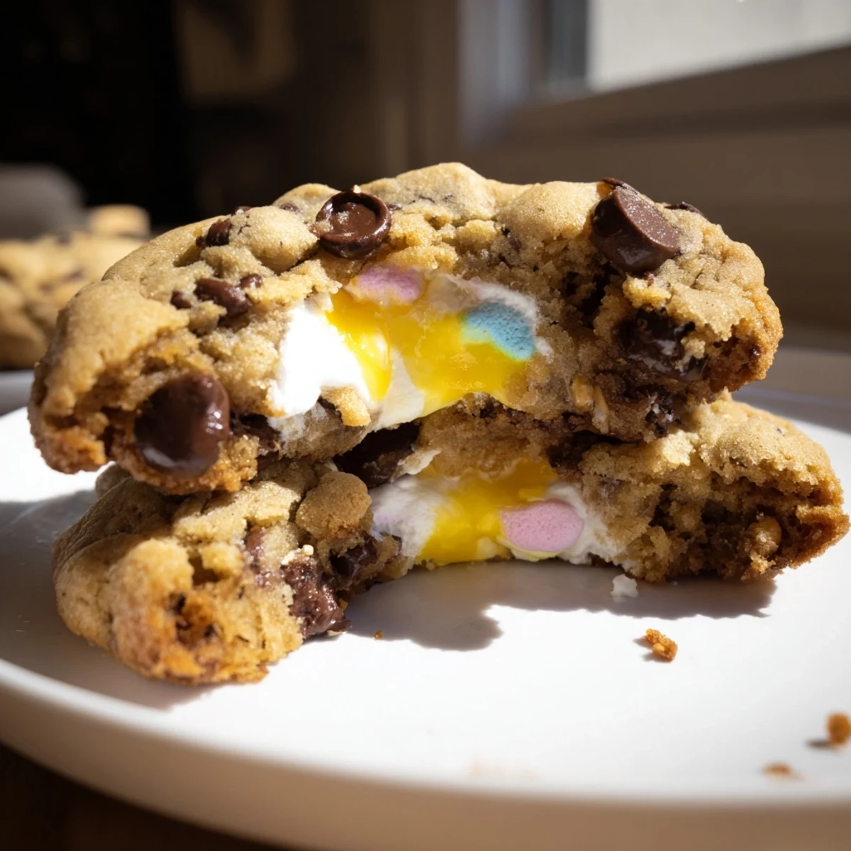 Golden chocolate chip Peep stuffed Easter cookies with colorful marshmallow peeking through soft edges