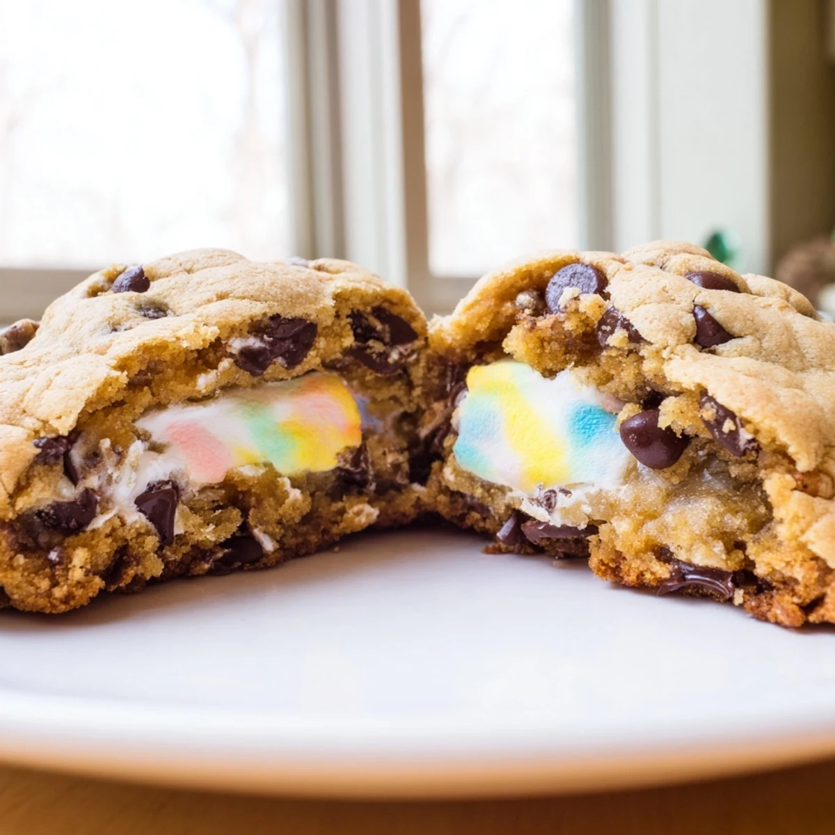 Soft chocolate chip Peep stuffed Easter cookies arranged on rustic white serving platter