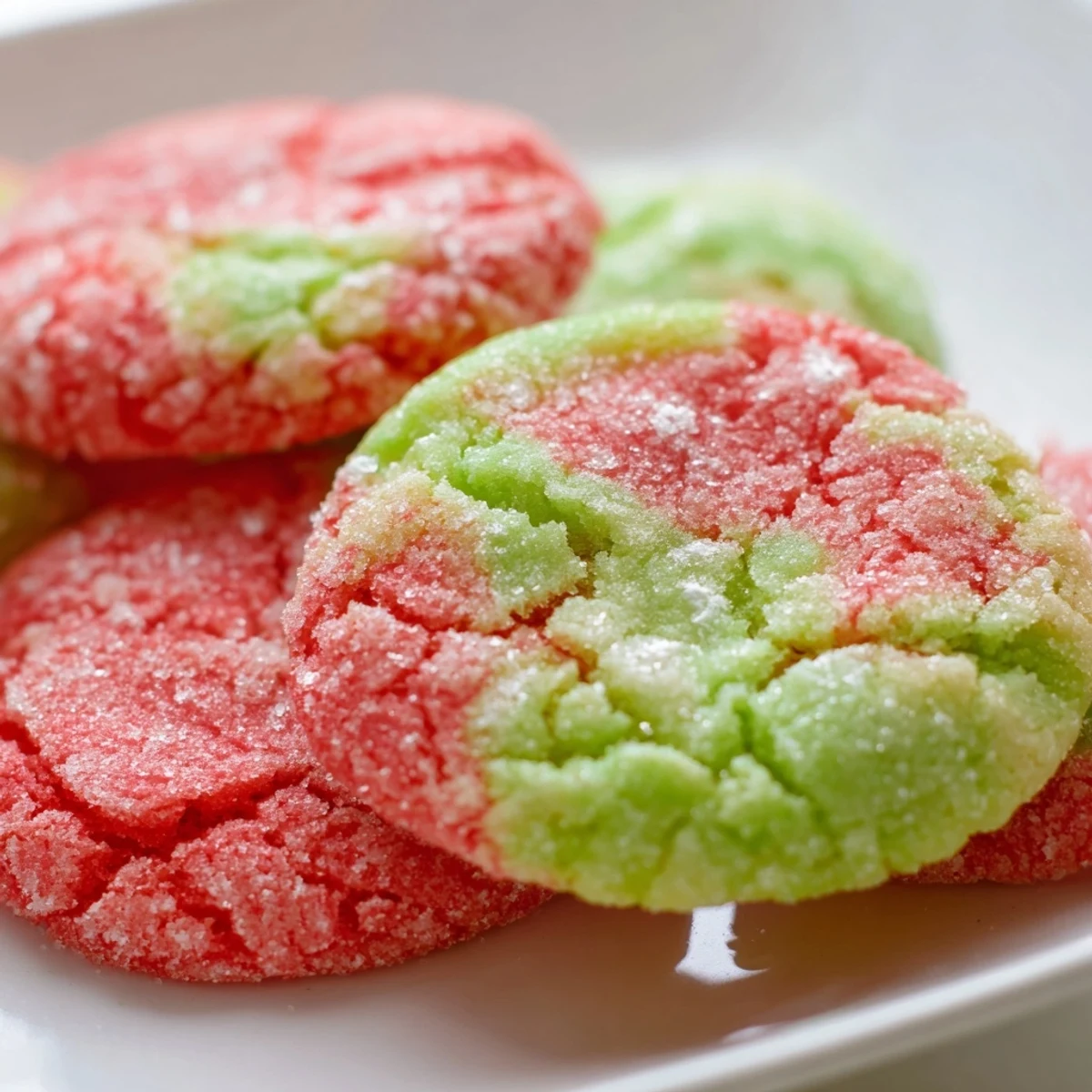 Colorful Jello sugar cookies with crackly sugar coating displayed on a white ceramic plate