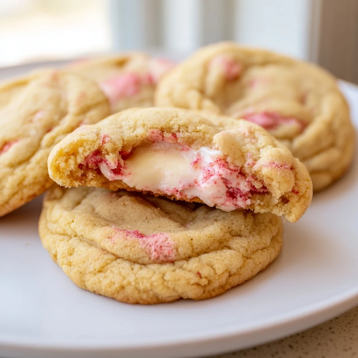 Soft strawberry cheesecake cookies with golden edges and creamy centers on a rustic baking sheet