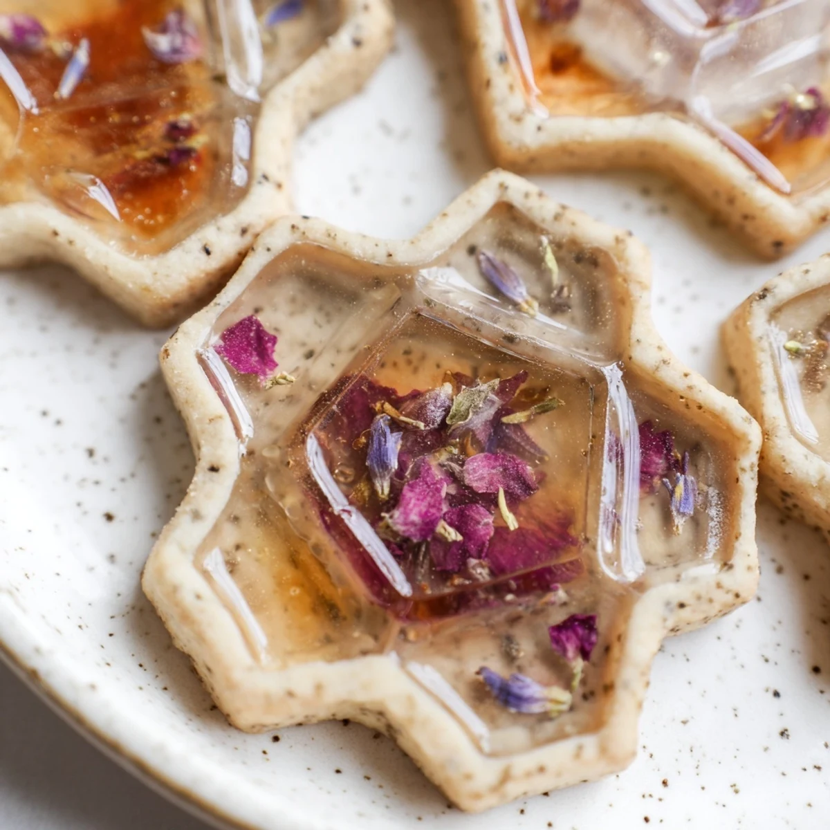 Earl Grey stained glass floral cookies with jewel-toned candy centers and delicate edible blossoms on rustic white ceramic
