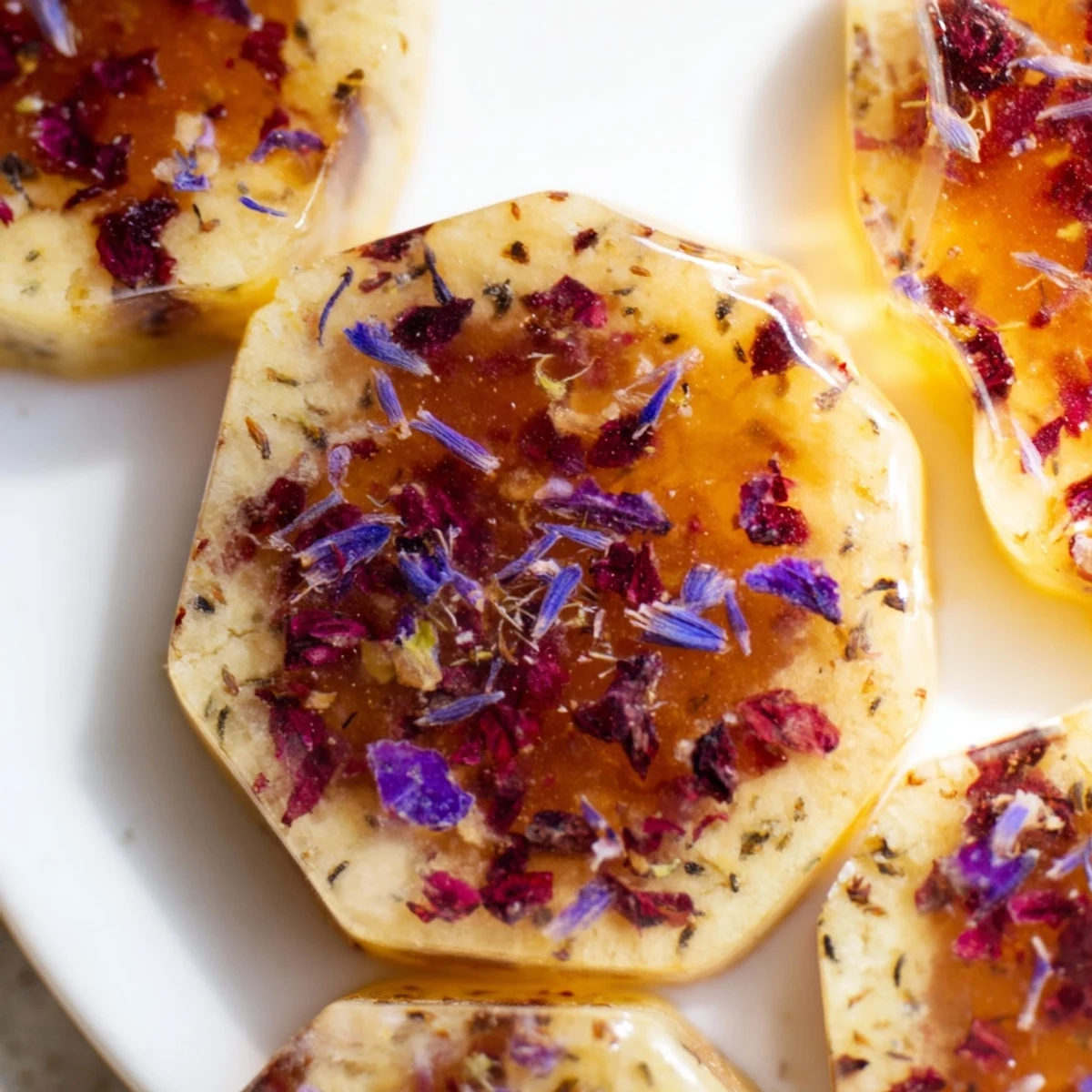 Golden vegan Earl Grey stained glass floral cookies arranged on parchment with translucent candy windows catching light