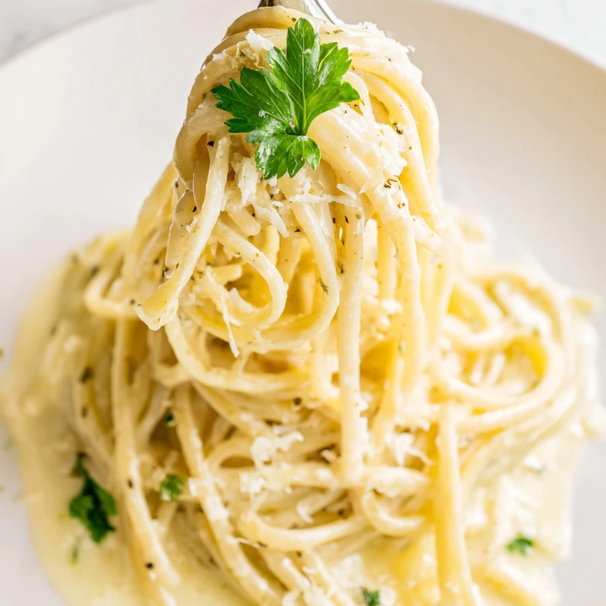 Creamy Parmesan lemon pasta in a white bowl with fresh herb garnish and cracked pepper