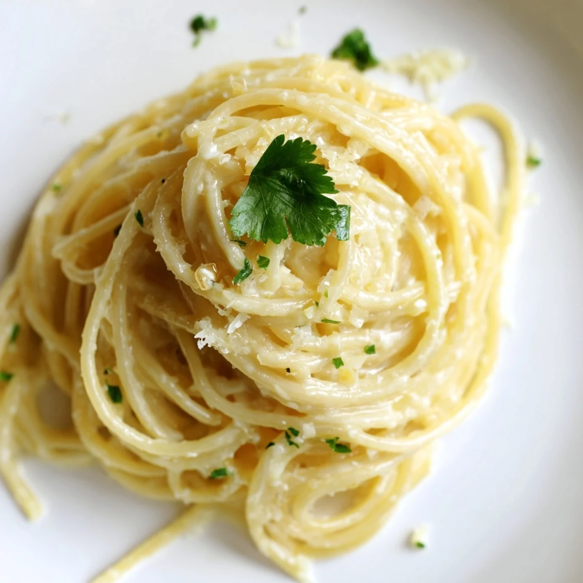 Golden spaghetti coated in Parmesan lemon sauce twirled on a fork with zest