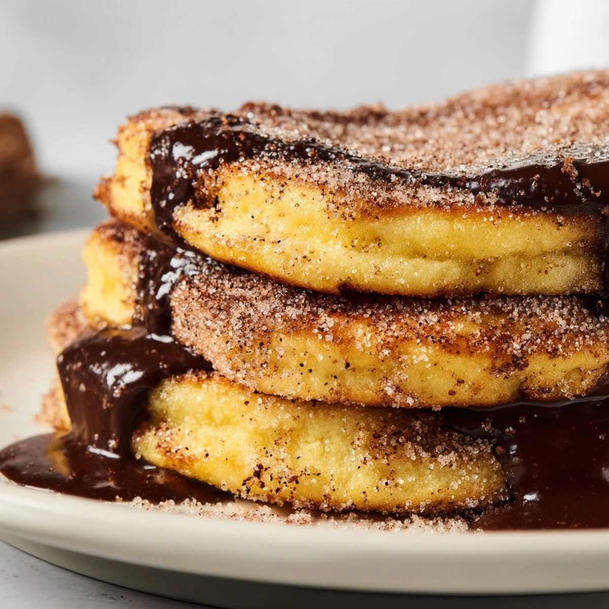 Golden Spanish Churro Pancakes stacked high with rich chocolate sauce drizzled on top