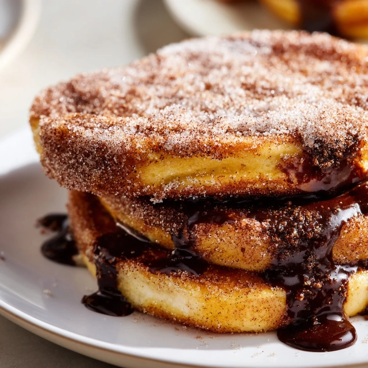 Fluffy Spanish Churro Pancakes dusted with cinnamon sugar ready for chocolate dipping