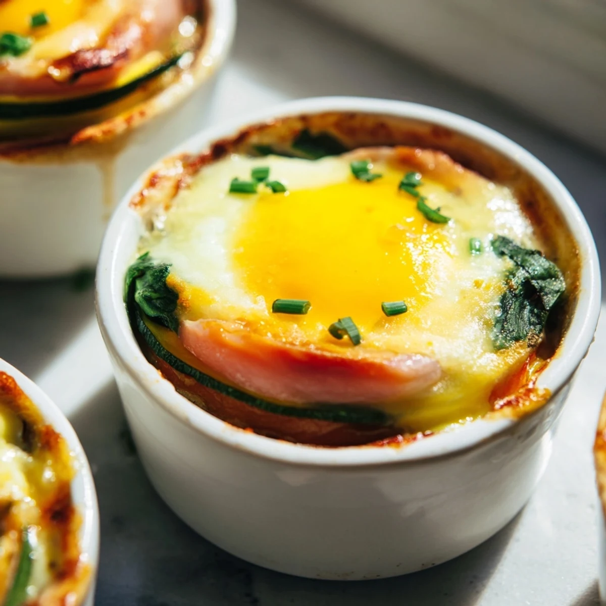 Golden Baked Eggs Napoleon with runny yolks and creamy cheese sauce in ramekins