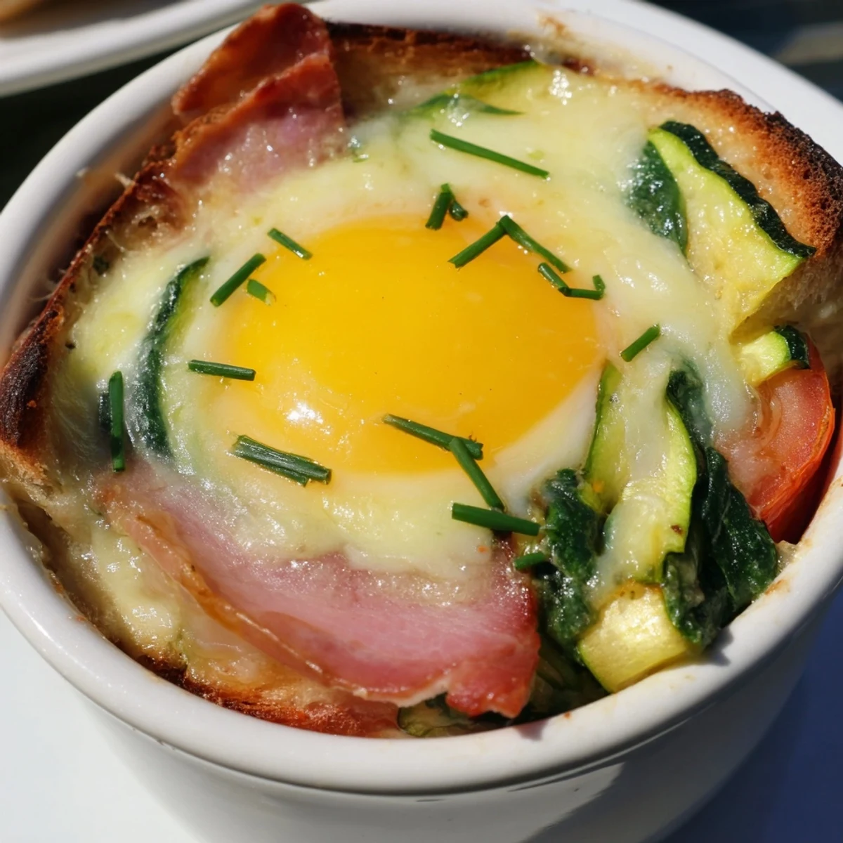 Layers of ham spinach and tomato beneath baked eggs Napoleon with Gruyère