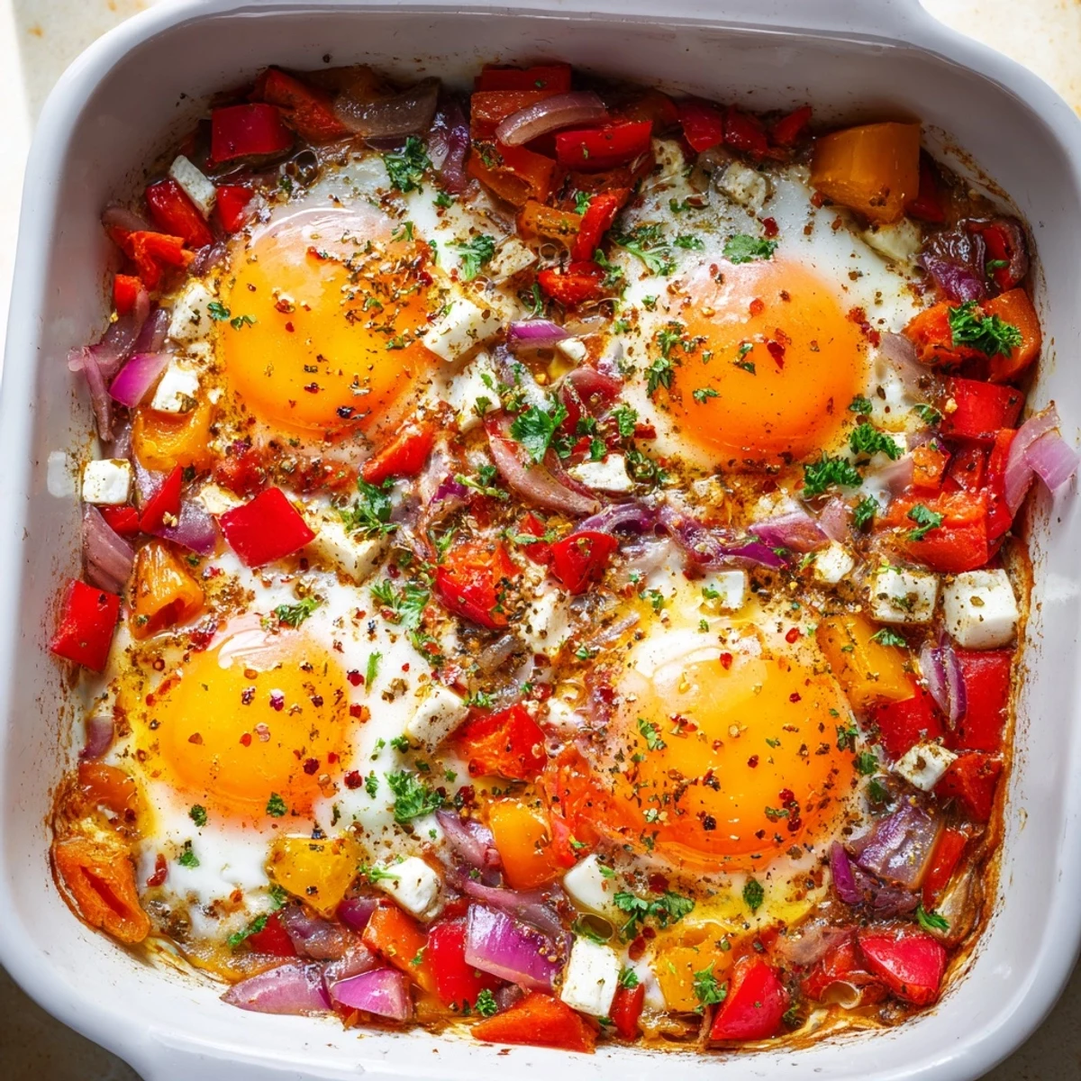 Creamy baked feta eggs with roasted vegetables in a rustic cast iron skillet