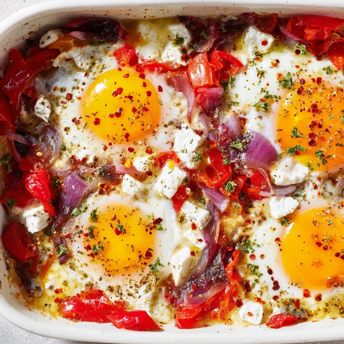 Golden egg yolks nestled in Mediterranean baked feta with tomatoes and herbs