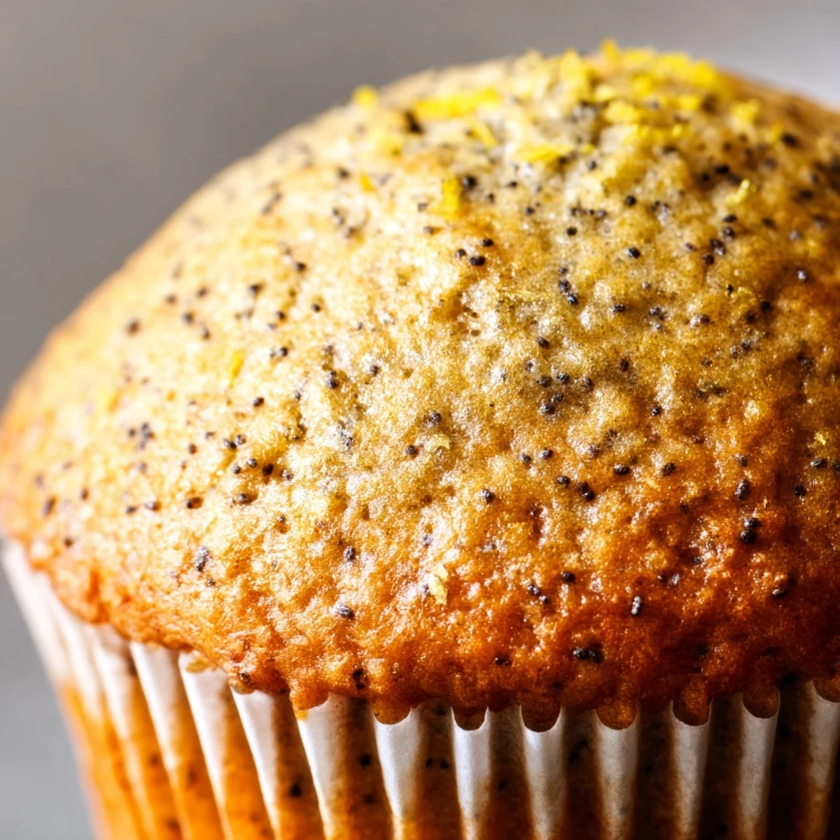 Golden lemon poppy seed muffins with domed tops displayed on a rustic wire cooling rack