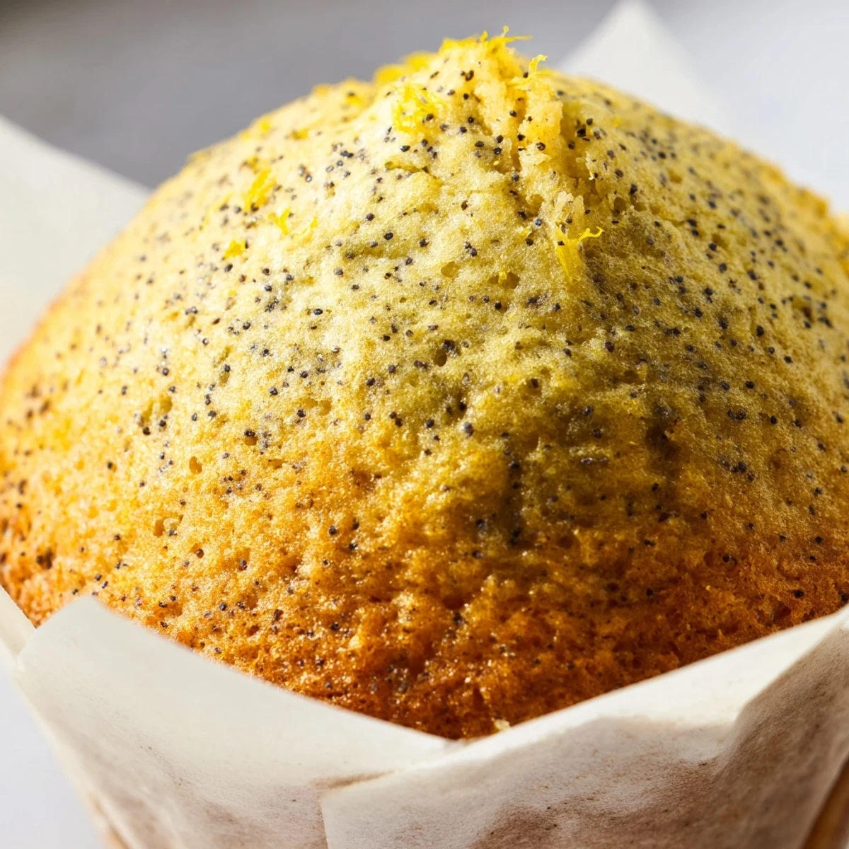 Moist lemon poppy seed muffins flecked with zest and served on a white ceramic plate