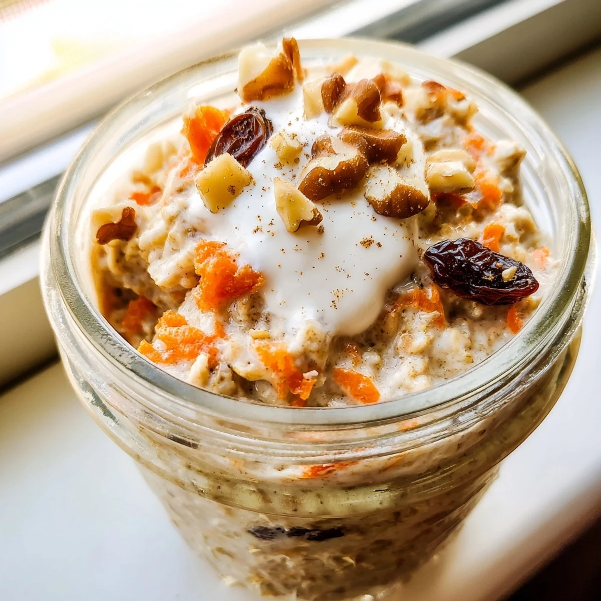 Creamy carrot cake overnight oats topped with crunchy walnuts in a glass jar