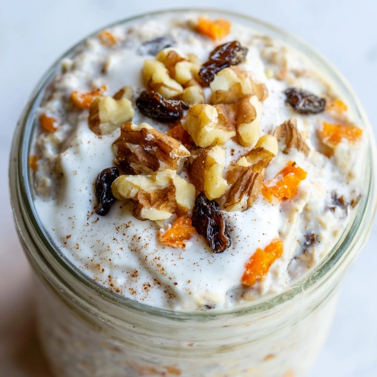 Carrot cake overnight oats with grated carrots, raisins, and a cinnamon sprinkle