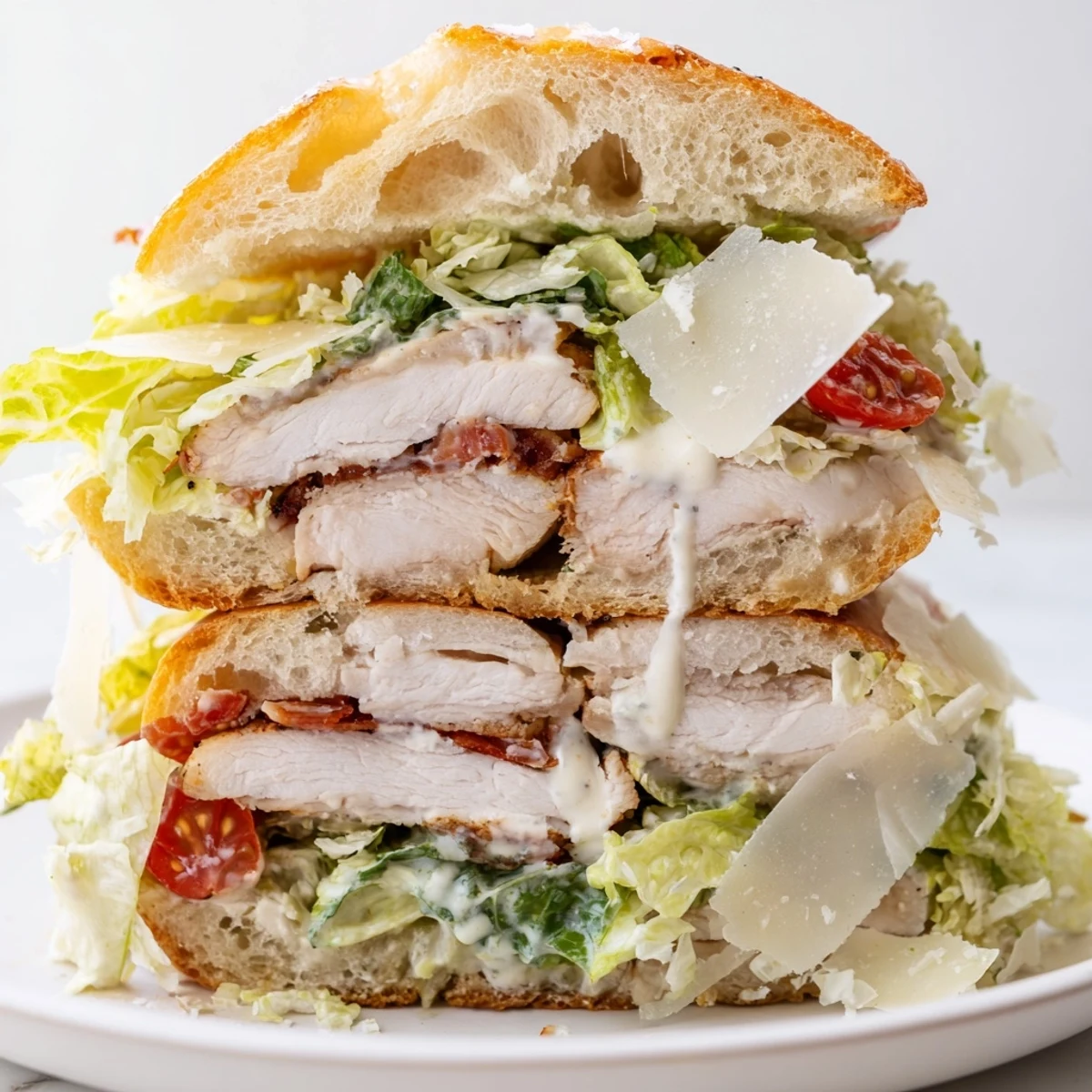 Grilled chicken Caesar sandwich with crisp romaine and parmesan on toasted ciabatta