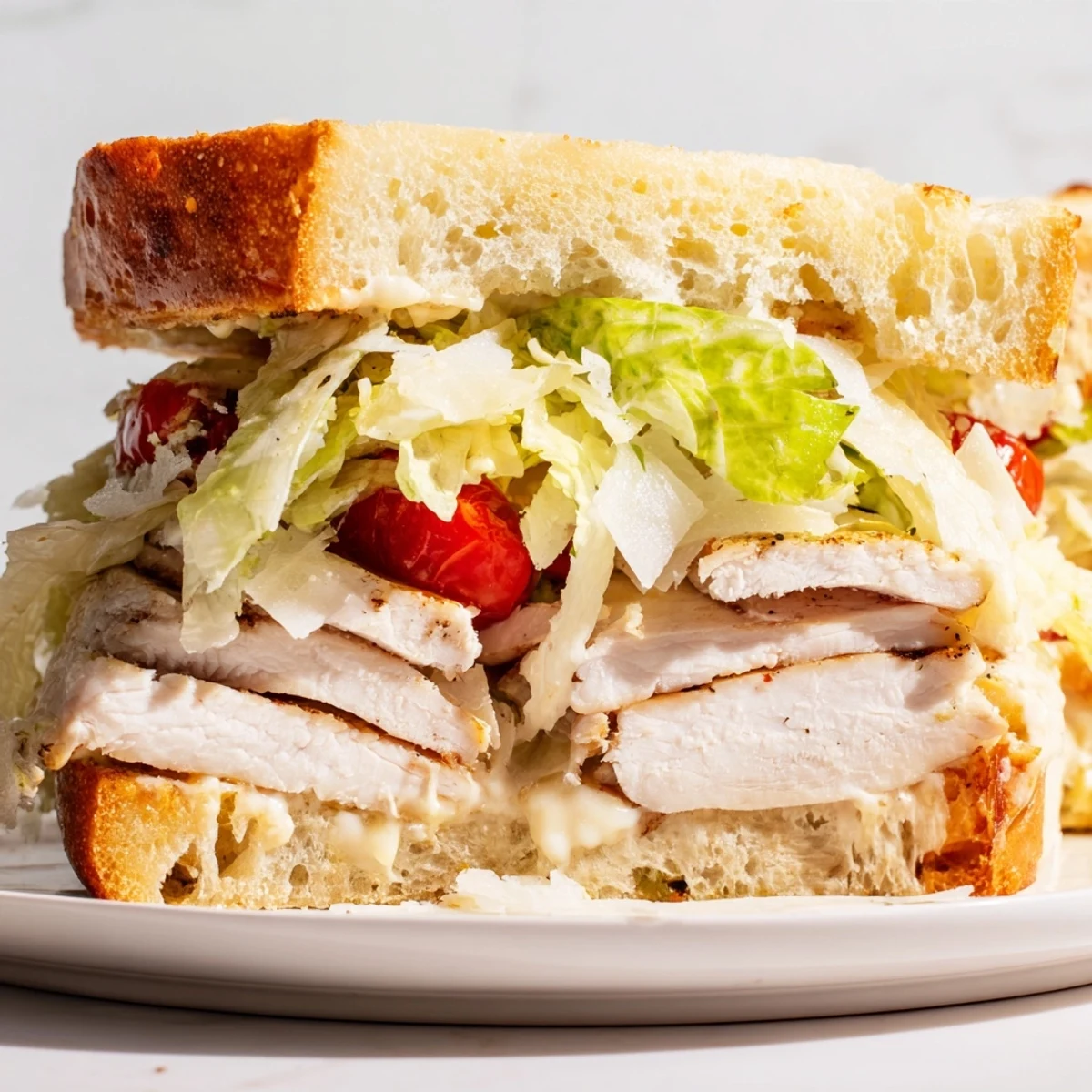 Juicy sliced chicken Caesar sandwich topped with creamy dressing and fresh lettuce