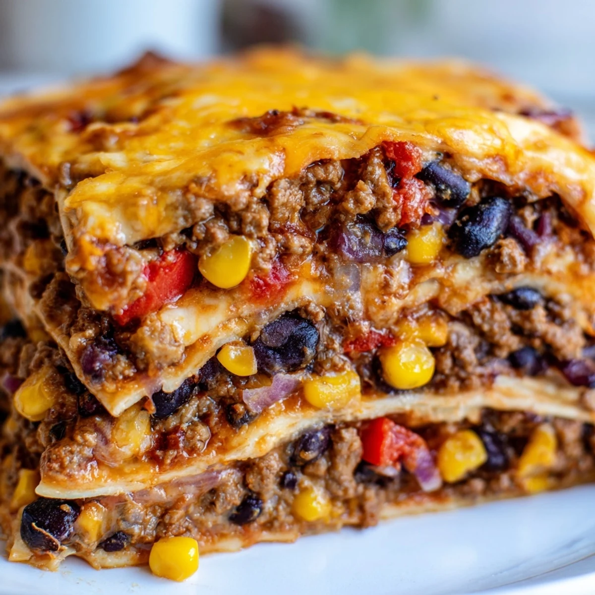 Golden melted cheese tops this bubbling Mexican lasagna with seasoned beef and beans