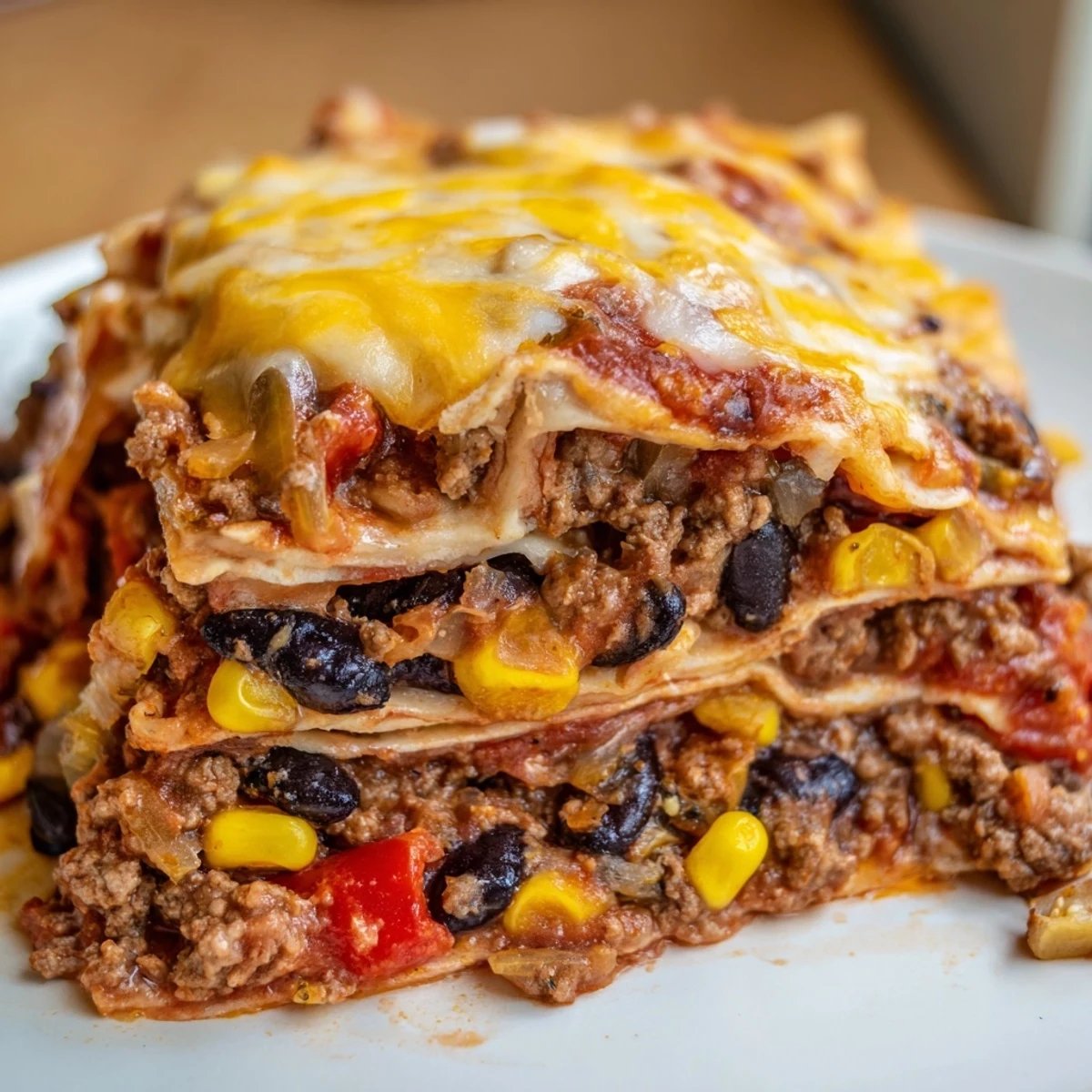 Layers of spiced ground beef tortillas and melted cheese in Mexican lasagna