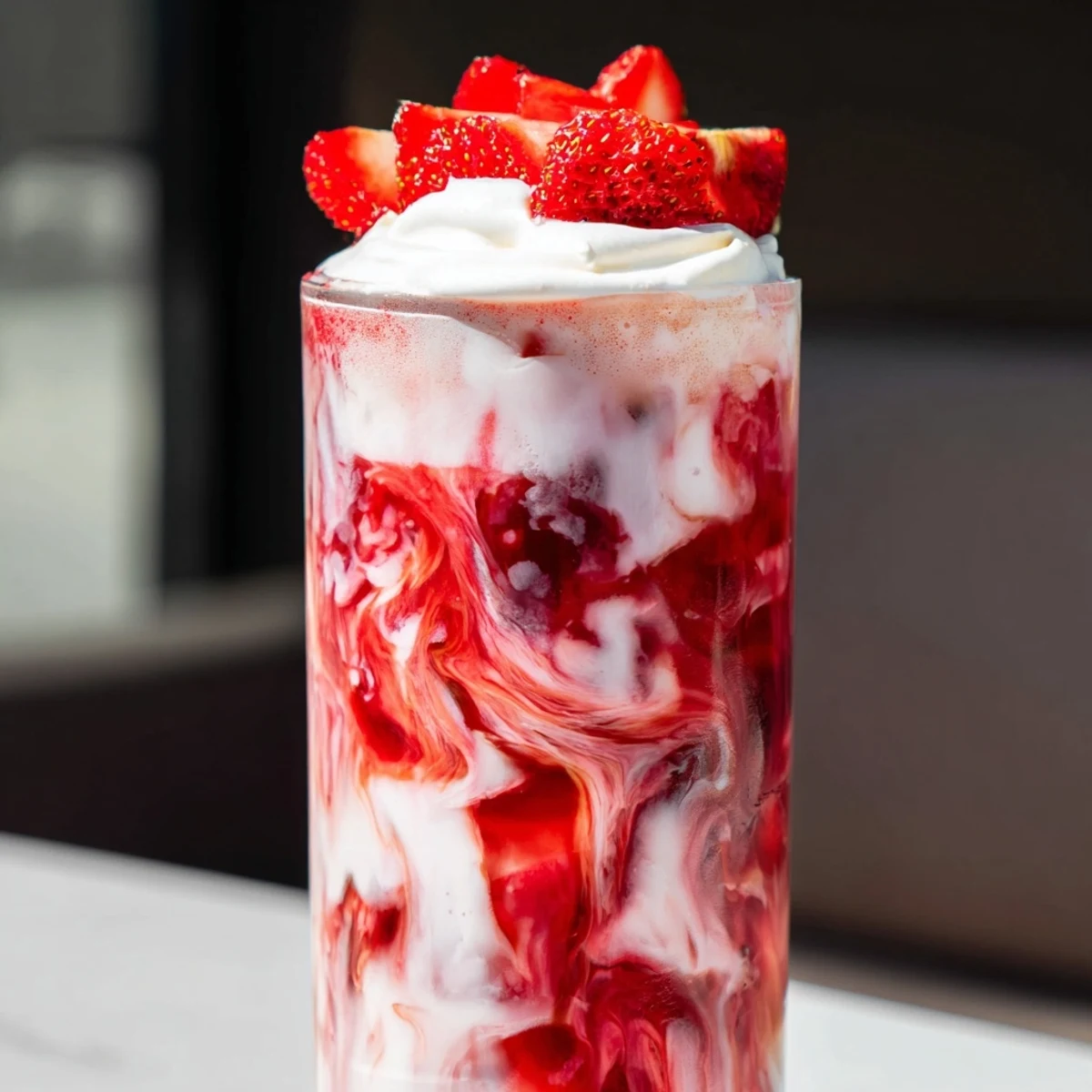 Creamy strawberry cold latte in a tall glass with fresh berry garnish and ice